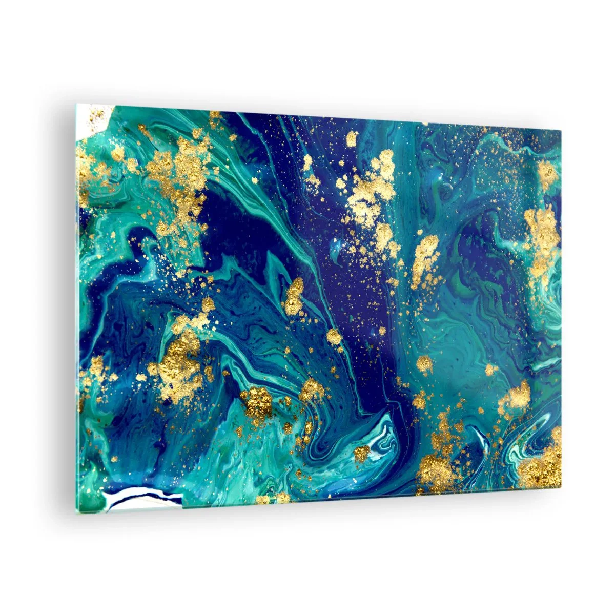 Üveg kép - Egy absztrakt minta türkiz és sötétkék árnyalatokban, arany díszítéssel - 70x50cm - Nap pelyhek - Modern fali dekoráció nappalihoz és hálószobához ARTTOR