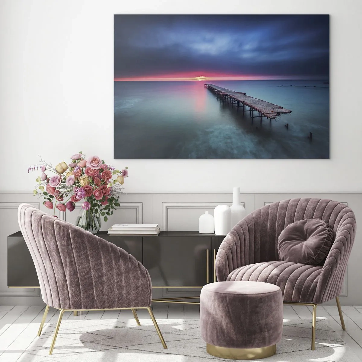Üveg kép - A lenyugvó nap felé vezető móló - 70x50cm - Ég és föld között - Modern fali dekoráció nappalihoz és hálószobához ARTTOR
