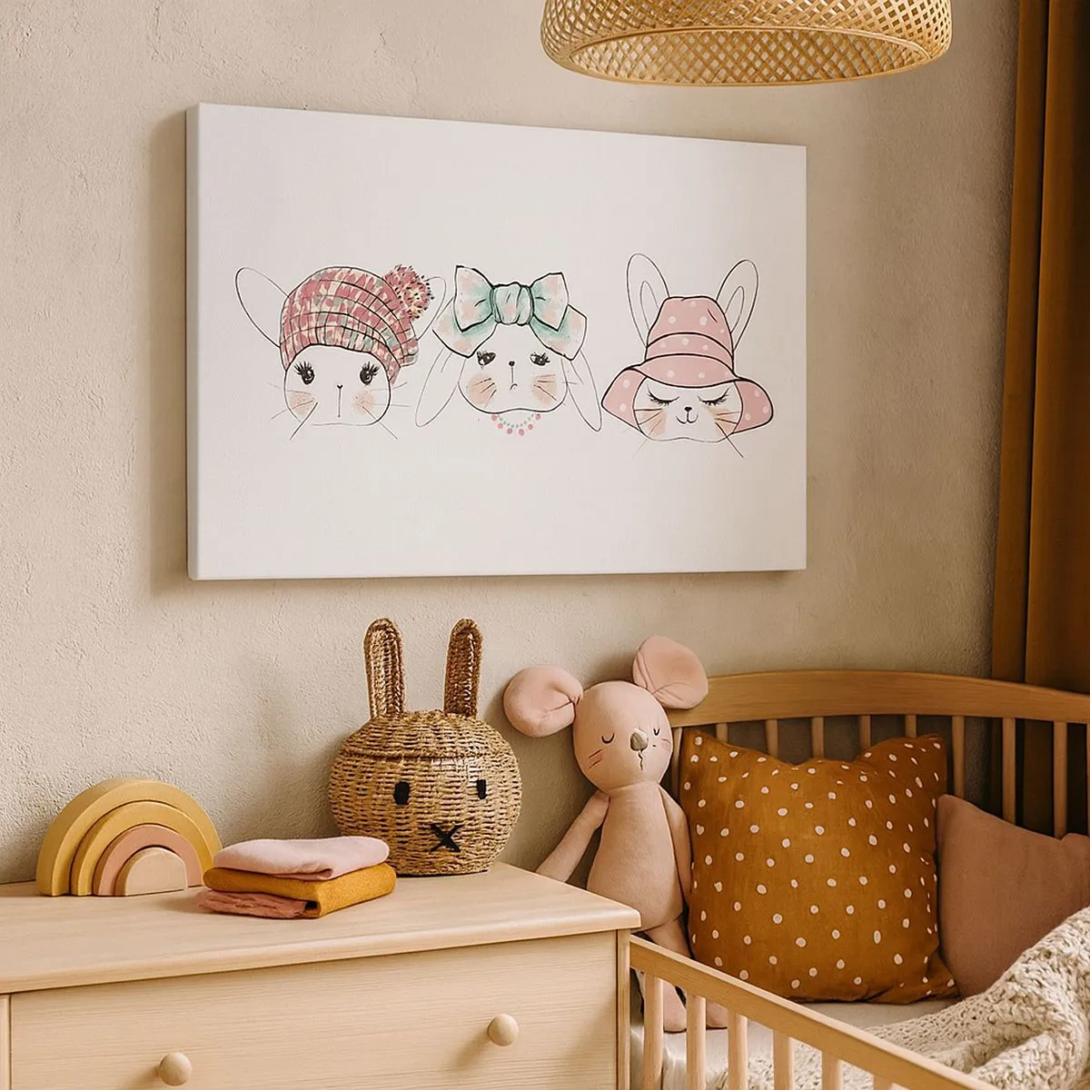 Vászonkép - Imádnivaló nyuszik pasztellszínű fejdíszben - 70x50cm - Töprengő, szomorú, elégedett - Modern fali dekoráció nappalihoz és hálószobához ARTTOR