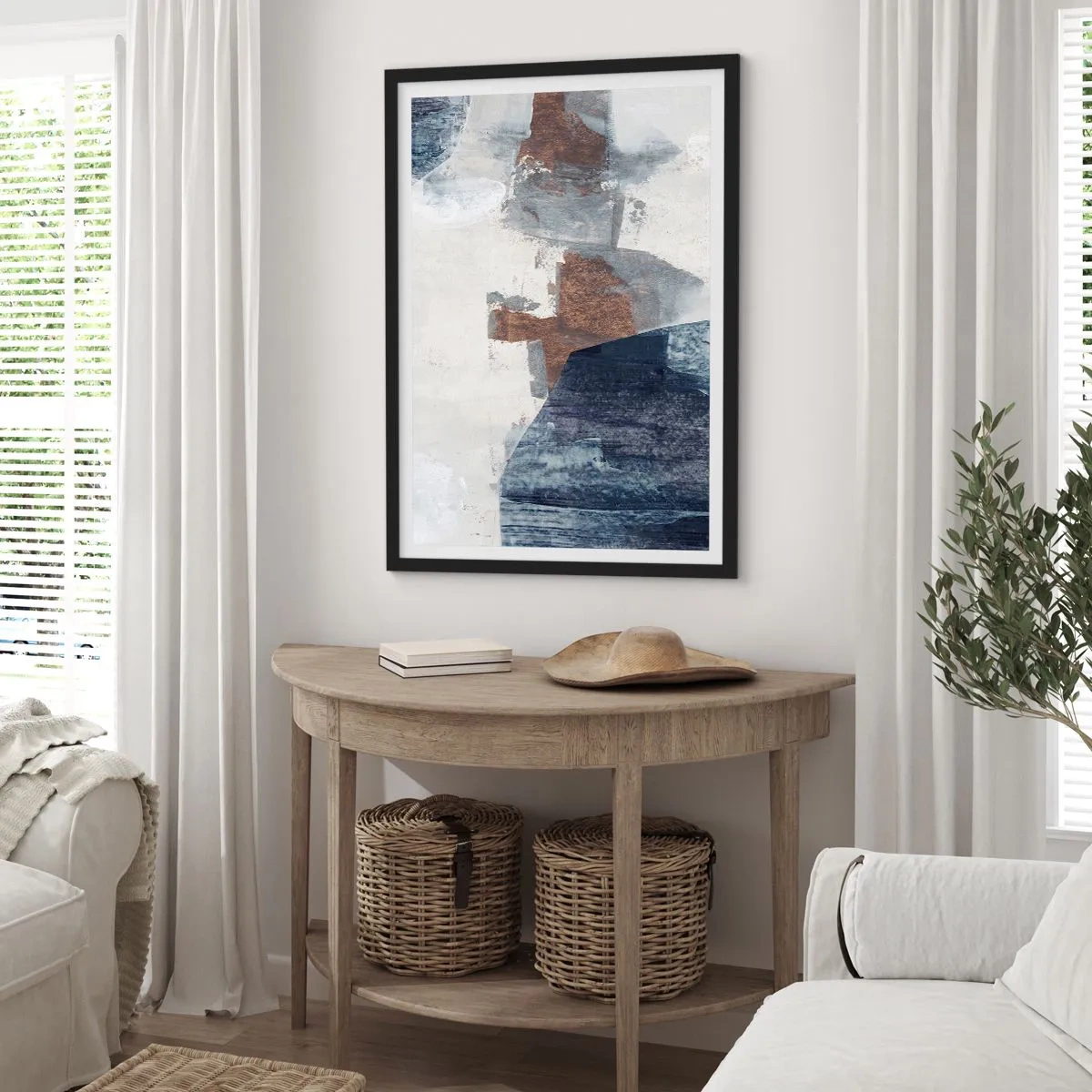 Poszter fehér keretben - Modern absztrakció barna és sötétkék árnyalatokban - 50x70cm - Kékes barna formák - Modern fali dekoráció nappalihoz és hálószobához ARTTOR