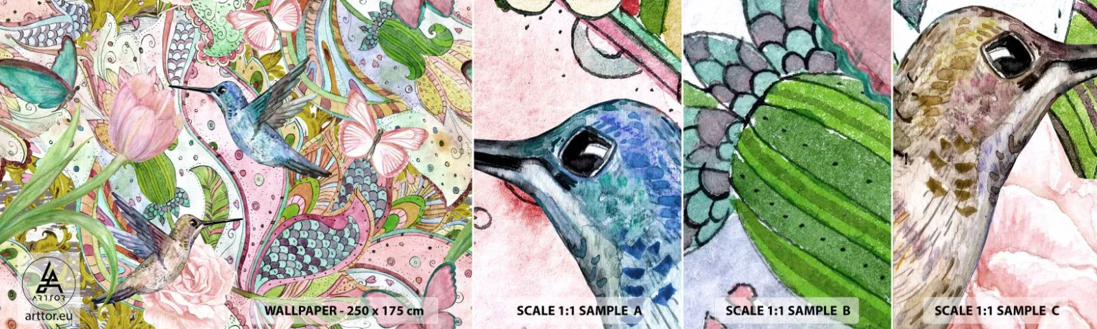 Fotótapéta Minta Öntapadós Deluxe Sticker - Szőlőbe gabalyodva - Virágok, Madár, Pillangó - 100x30 cm