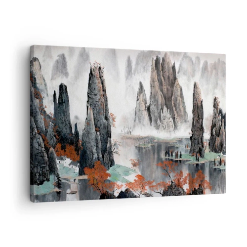 Vászonkép - Festői sziklák és fák a ködös kínai tájban - 70x50cm - Erőteljes őrök - Modern fali dekoráció nappalihoz és hálószobához ARTTOR