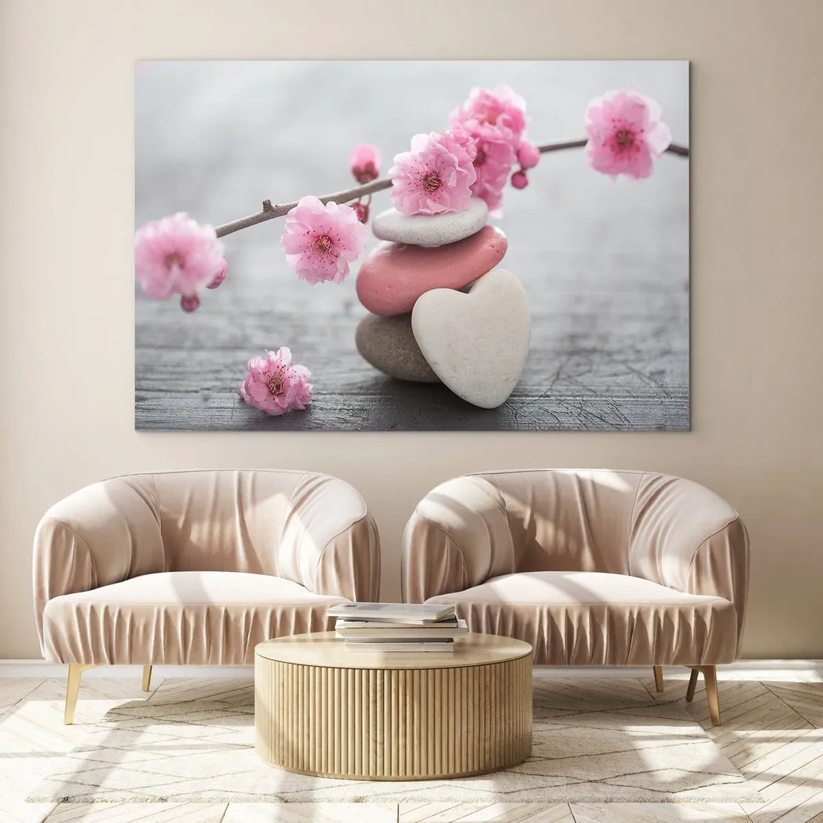 Üveg kép - Rózsaszín cseresznyevirágok és szív alakú kövek - 70x50cm - Boldogság a cseresznyevirággal - Modern fali dekoráció nappalihoz és hálószobához ARTTOR