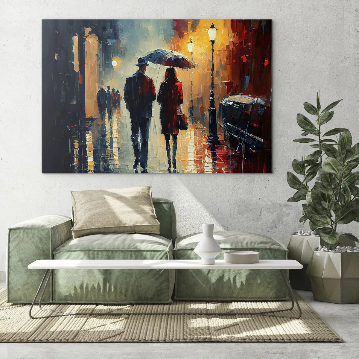 Üveg kép - Egy esernyős pár sétál egy nedves utcán éjszaka. - 70x50cm - Városi love strory - Modern fali dekoráció nappalihoz és hálószobához ARTTOR