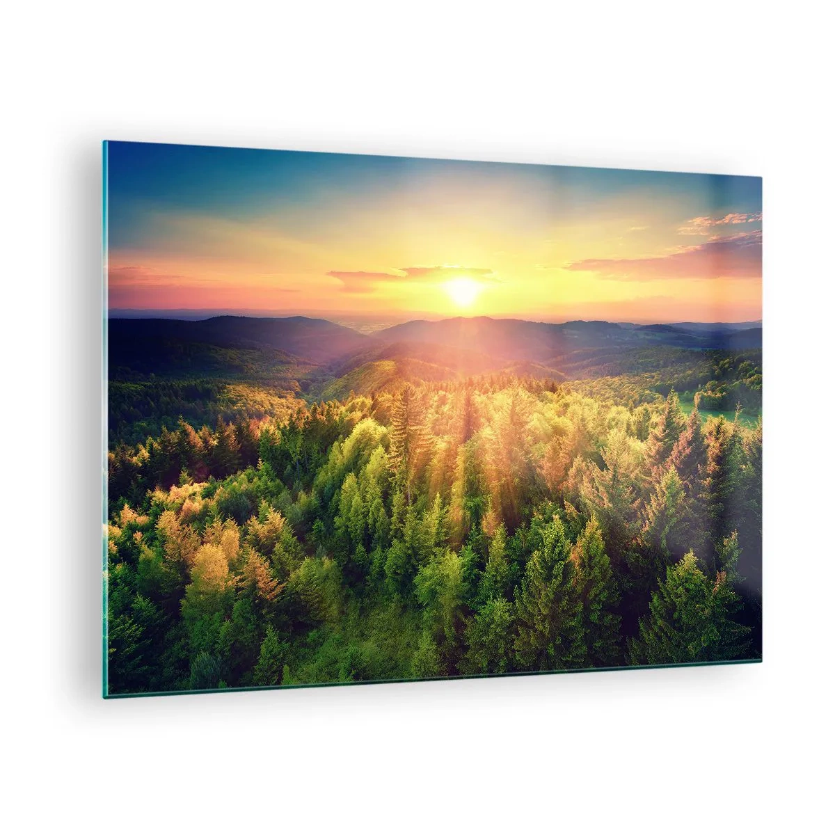 Üveg kép - Naplemente egy hegyi erdő felett, kilátással a völgyekre - 70x50cm - Hegytetők és csúcsok - Modern fali dekoráció nappalihoz és hálószobához ARTTOR