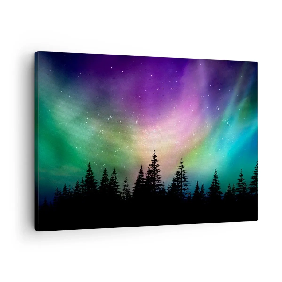 Vászonkép - Aurora Borealis egy erdő felett, csillagos égbolttal - 70x50cm - Fehér varázslat - Modern fali dekoráció nappalihoz és hálószobához ARTTOR