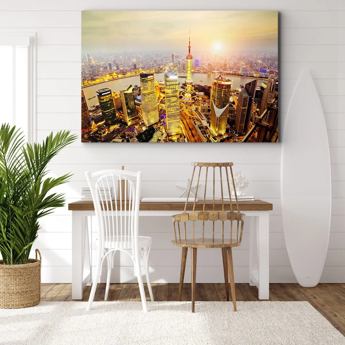 Vászonkép - Városi panoráma felhőkarcolókkal naplementekor - 70x50cm - Ázsiai álom - Modern fali dekoráció nappalihoz és hálószobához ARTTOR