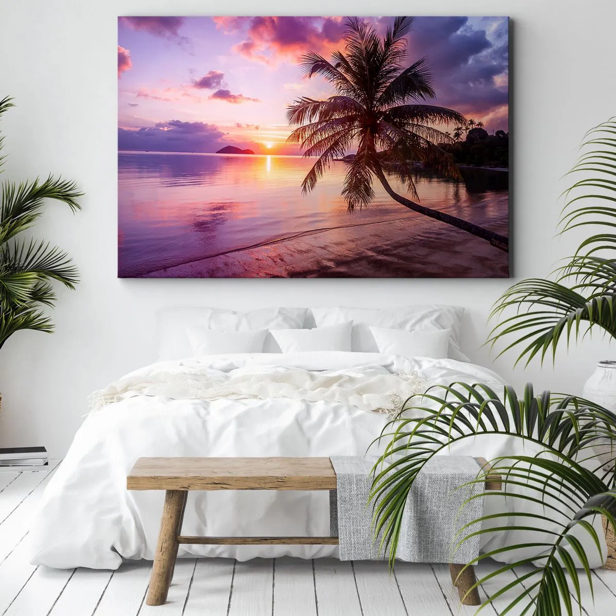 Vászonkép - Trópusi tengerpart pálmafával naplementekor - 70x50cm - Boldogság egészen a horizontig - Modern fali dekoráció nappalihoz és hálószobához ARTTOR