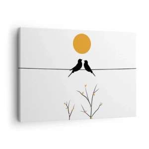 Vászonkép - Madarak egy vonalban egy sárga nappal - 70x50cm - Fülemüle este - Modern fali dekoráció nappalihoz és hálószobához ARTTOR