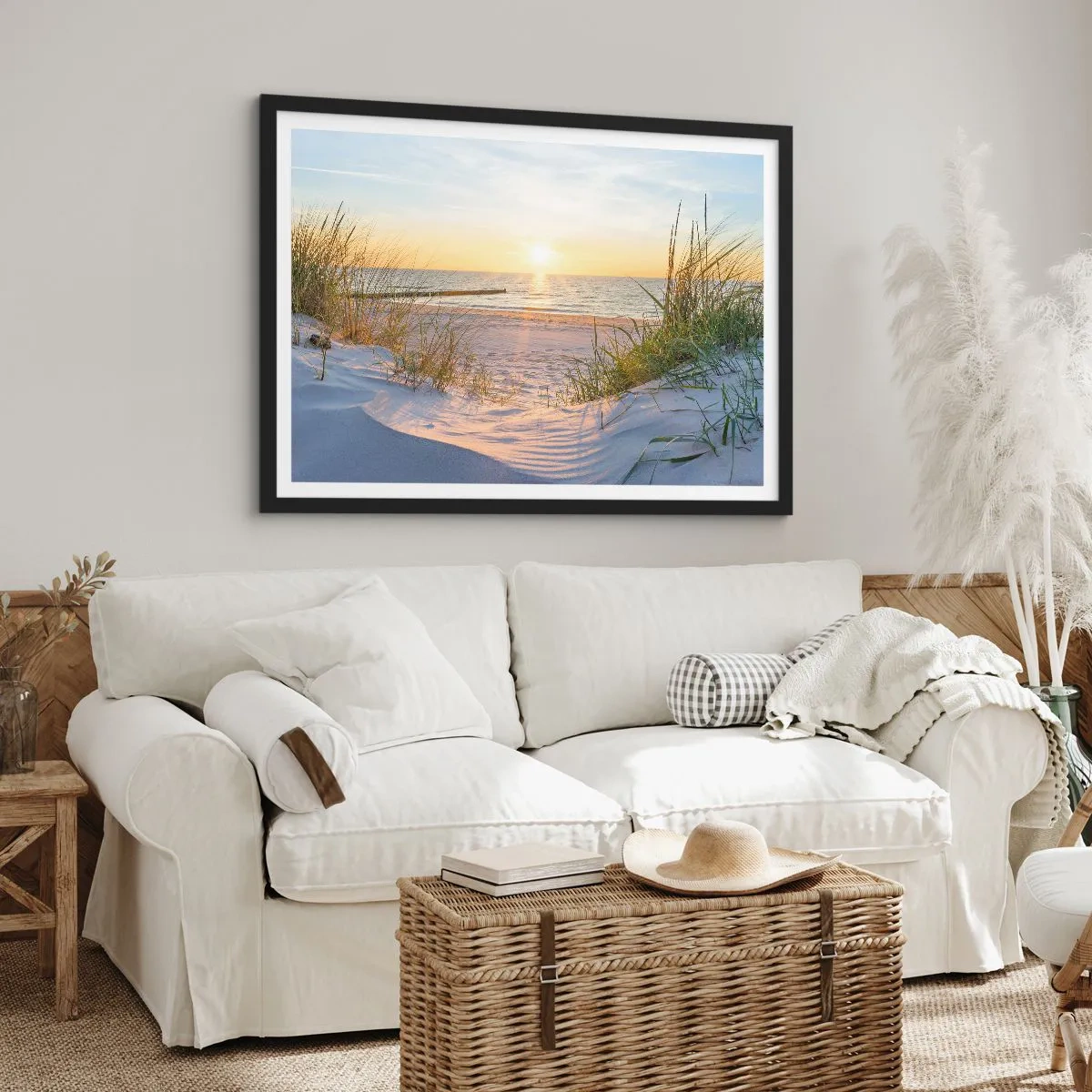 Poszter fehér keretben - A tenger hangja, a madarak éneke, egy vad tengerpart a fű között... - 70x50 cm