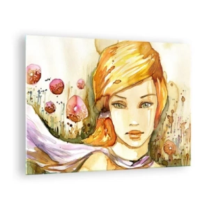 Üveg kép - Nő portréja akvarell stílusú absztrakcióval - 70x50cm - Smaragd tekintet, amely lecsillapítja a haragot - Modern fali dekoráció nappalihoz és hálószobához ARTTOR