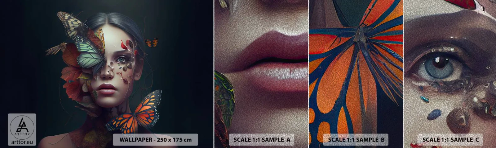 Fotótapéta Minta Premium Sand - Egy csodálatos metamorfózis - Pillangók, Arc, Nő - 100x30 cm