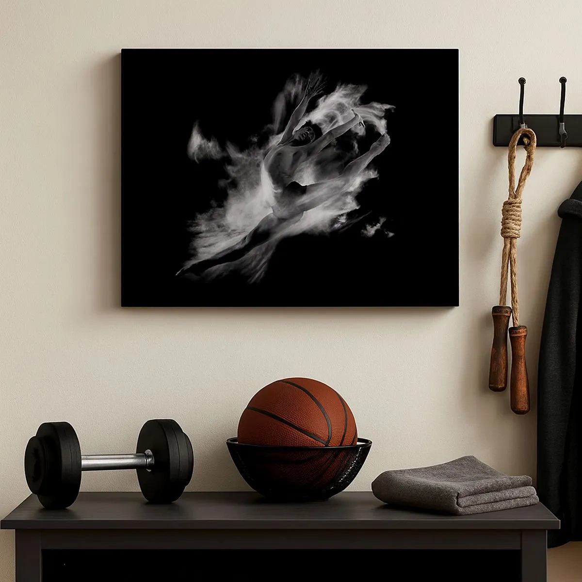 Vászonkép - Egy táncos dinamikus pózban fekete háttér előtt - 70x50cm - Elakadt a repülésben - Modern fali dekoráció nappalihoz és hálószobához ARTTOR