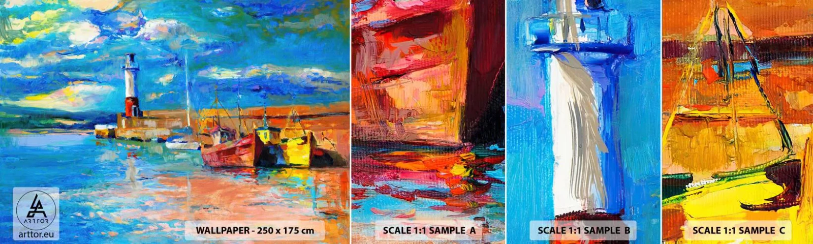 Fotótapéta Minta Öntapadós Deluxe Sticker - Egy délután a szivárványos öbölben - Halászkikötő, Halászhajó, Világítótorony - 100x30 cm