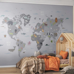 Fotótapéta Premium Sand - Mondd meg, hogy honnan jöttél... - Világtérkép, Állatok, Kontinensek - 350x256 cm