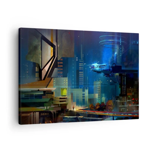 Vászonkép - Futurisztikus város éjszaka neonfényekkel és repülő járművel - 70x50cm - A közel jövőben - Modern fali dekoráció nappalihoz és hálószobához ARTTOR
