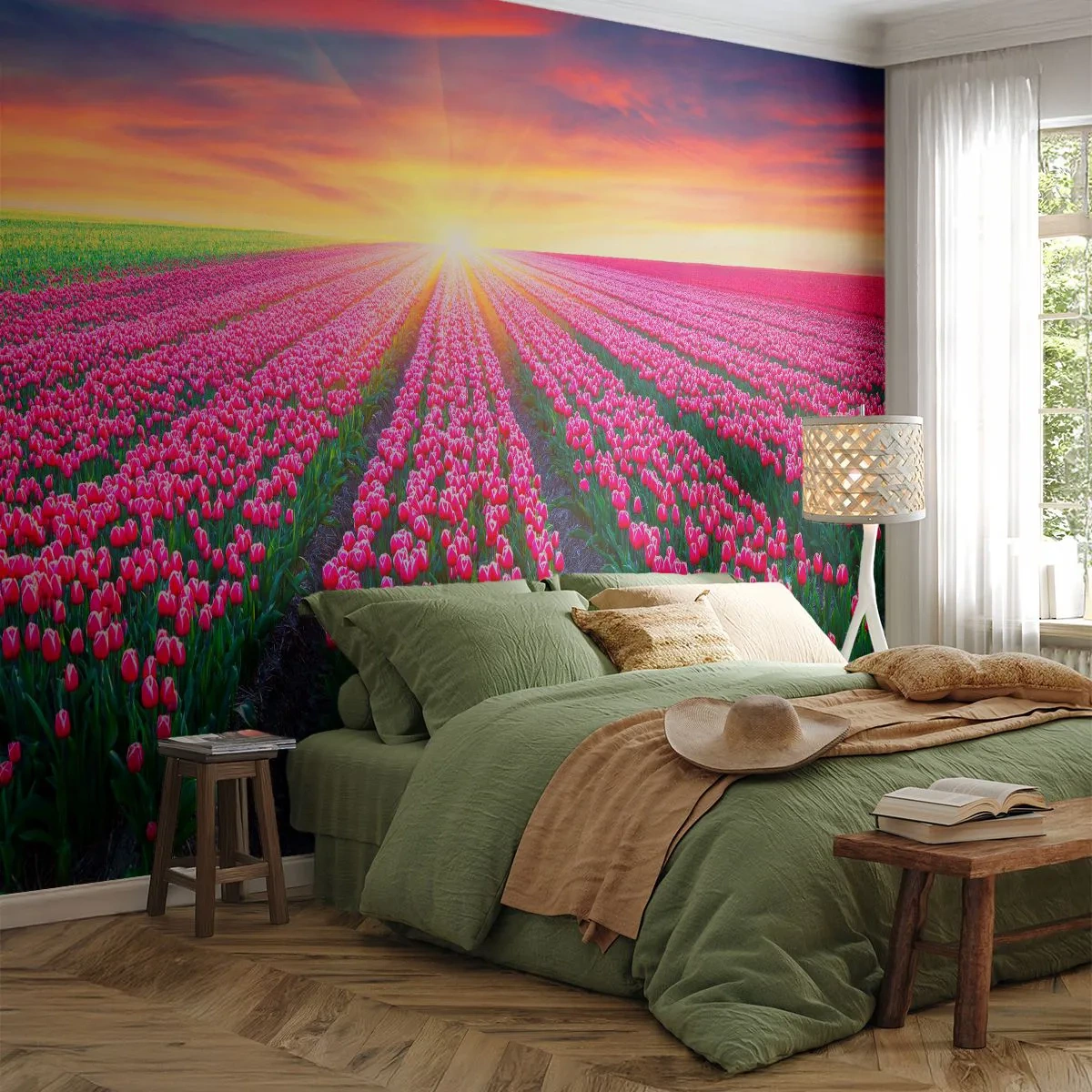 Fotótapéta Premium Sand - Gyönyör farm - Virágok, Tulipánok, Napnyugta - 100x70 cm