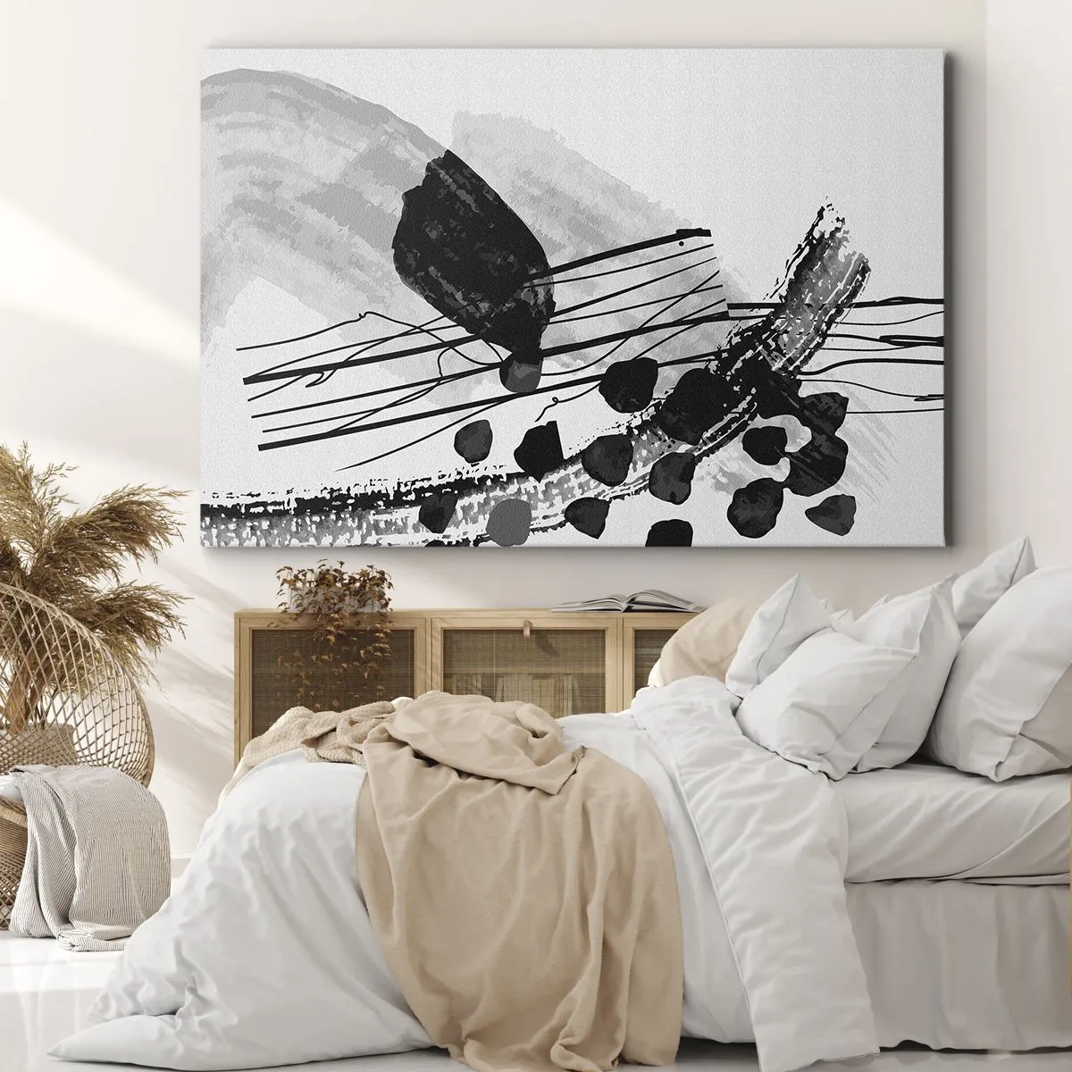 Vászonkép - Fekete-fehér absztrakt kompozíció organikus formákkal - 70x50cm - Fekete-fehér organikus absztrakció - Modern fali dekoráció nappalihoz és hálószobához ARTTOR