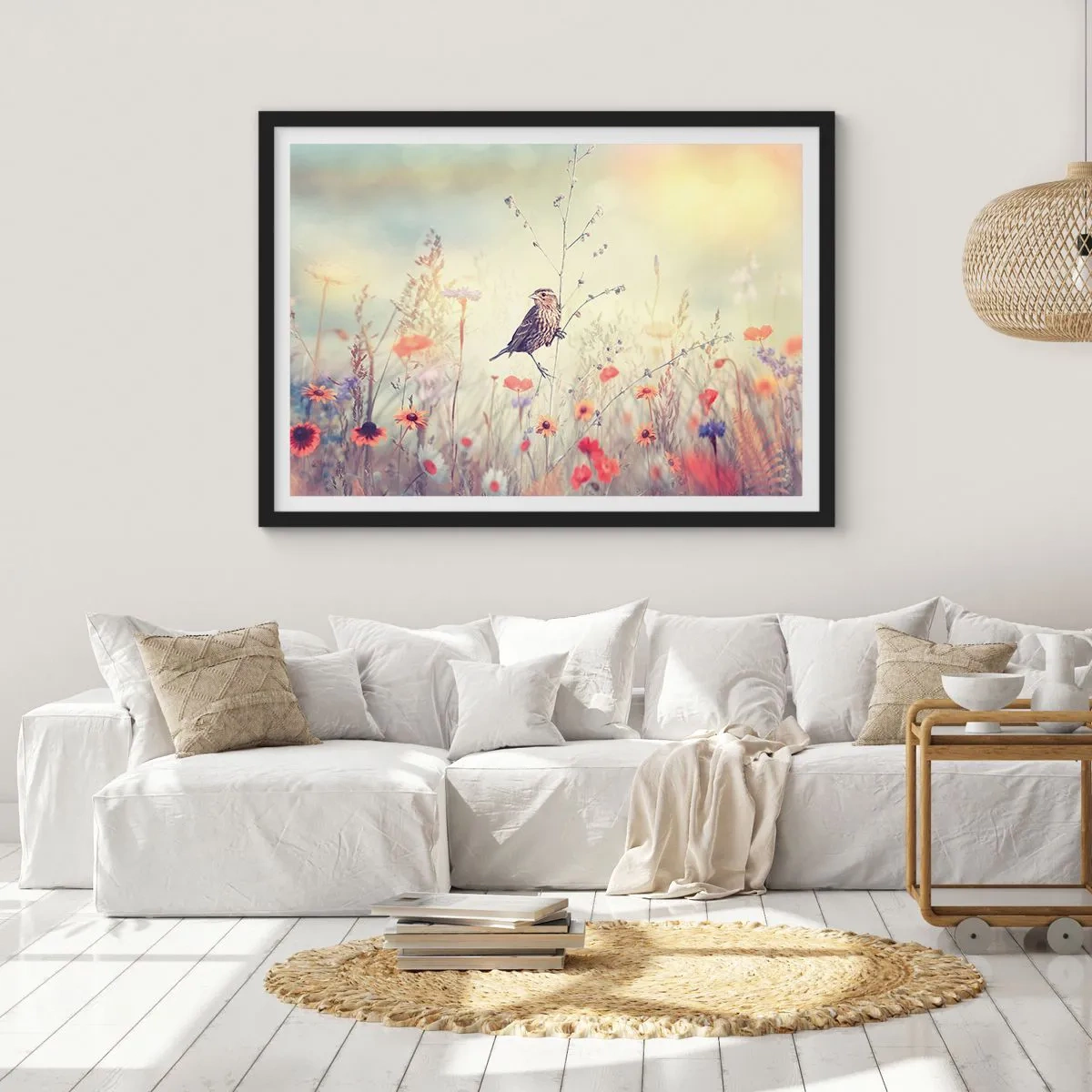 Poszter fehér keretben - Madárportré egy réttel a háttérben - 40x30 cm