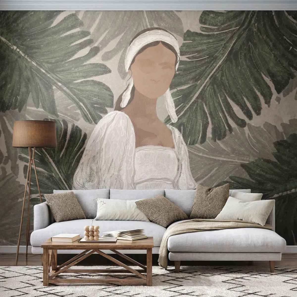 Fotótapéta Premium Sand - Egzotikus portré - Boho, Nő, Levelek - 500x350 cm