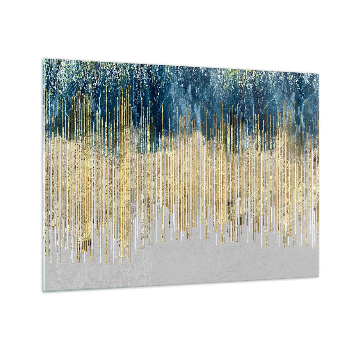 Üveg kép - Aranyszínű függőleges vonalak sötétkék erdős háttér előtt - 70x50cm - Aranyozott határ - Modern fali dekoráció nappalihoz és hálószobához ARTTOR