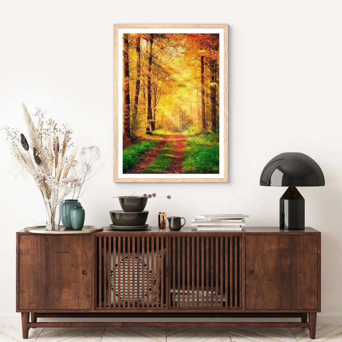 Poszter világos tölgy keretben - Erdei, arany csend - 50x70 cm