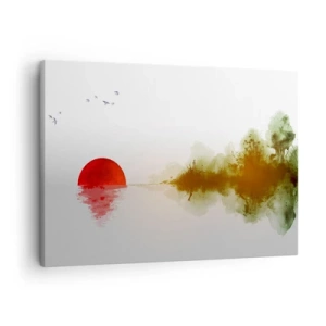 Vászonkép - Absztrakt naplemente egy tó felett tükörképével - 70x50cm - A béke ígérete - Modern fali dekoráció nappalihoz és hálószobához ARTTOR
