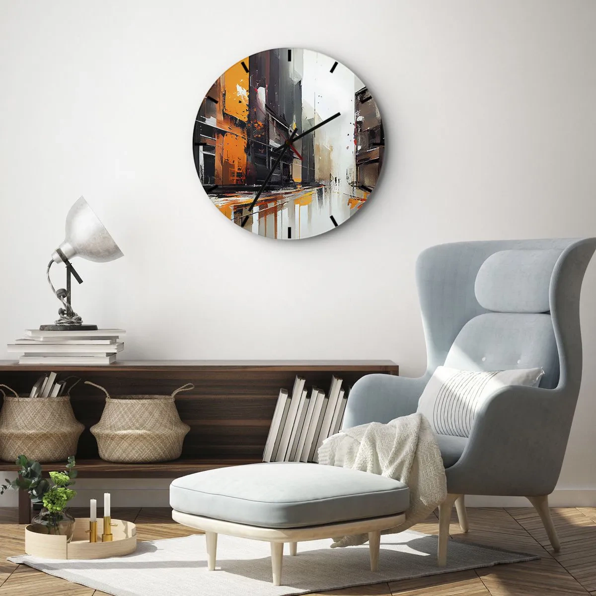 Falióra, Óra - Absztrakt városi utcakép narancssárga fénnyel és esővel - 30x30cm - Esős nap - Modern fali dekoráció nappalihoz, konyhához és hálószobához ARTTOR