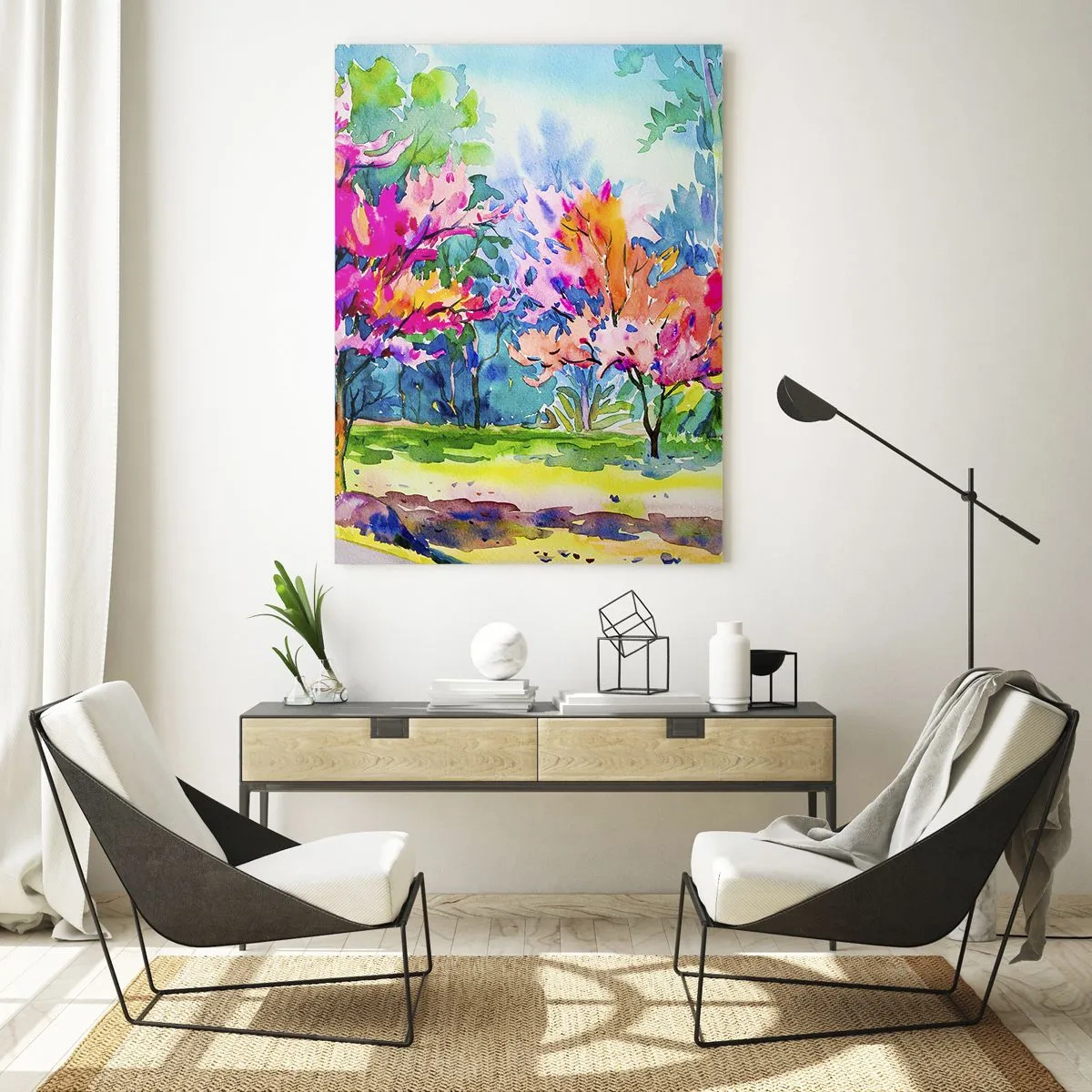 Üveg kép - Szivárvány kert a tavaszi fényben - 50x70 cm