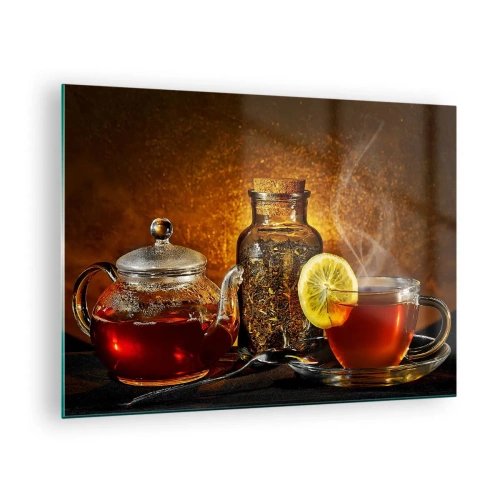 Üveg kép - Egy üveg teáskanna és egy csésze tea citrommal - 70x50cm - A holland mesterek stílusában - Modern fali dekoráció nappalihoz és hálószobához ARTTOR