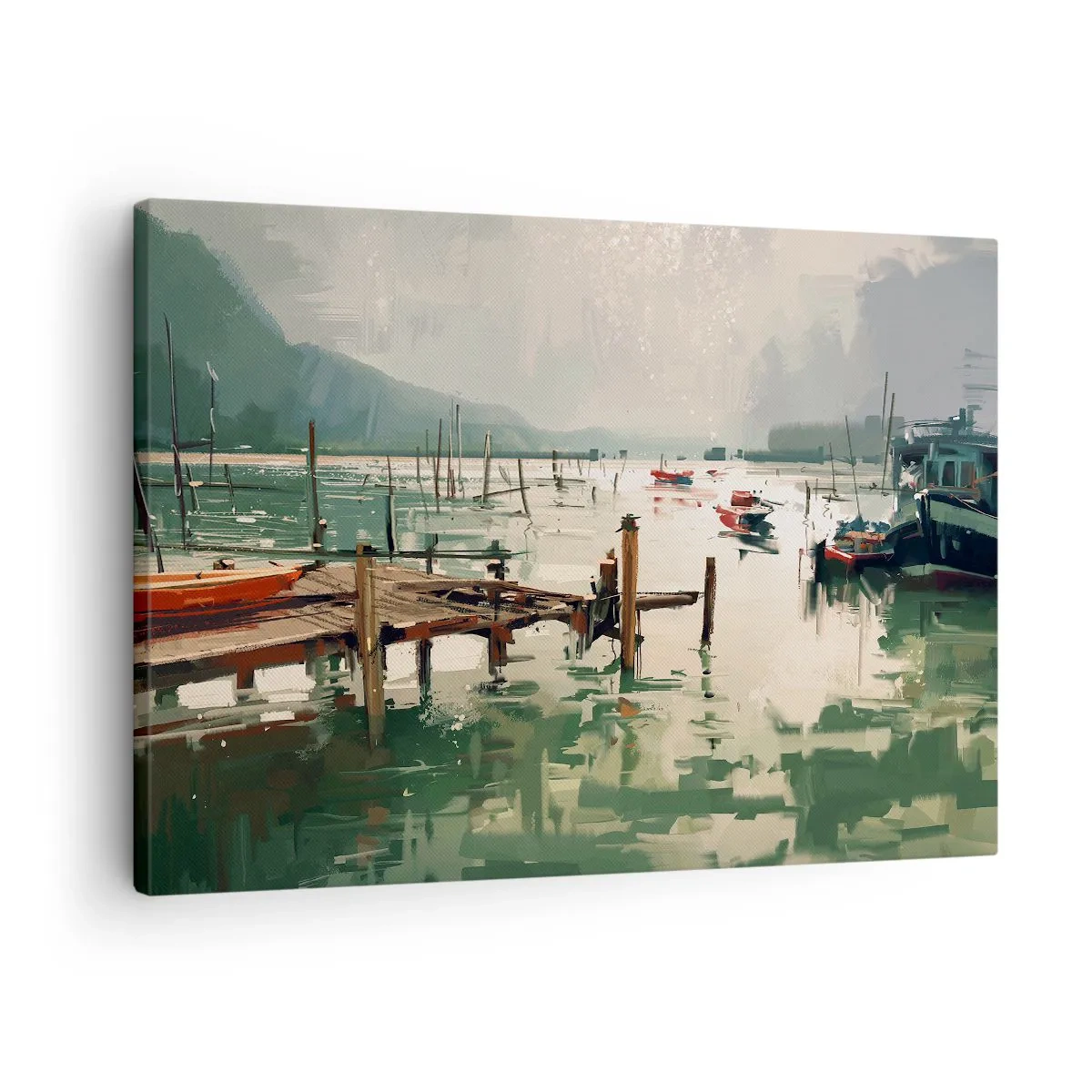 Vászonkép - Festői kikötő hajókkal nyugodt vízen - 70x50cm - Leöntött olvasztott holddal - Modern fali dekoráció nappalihoz és hálószobához ARTTOR