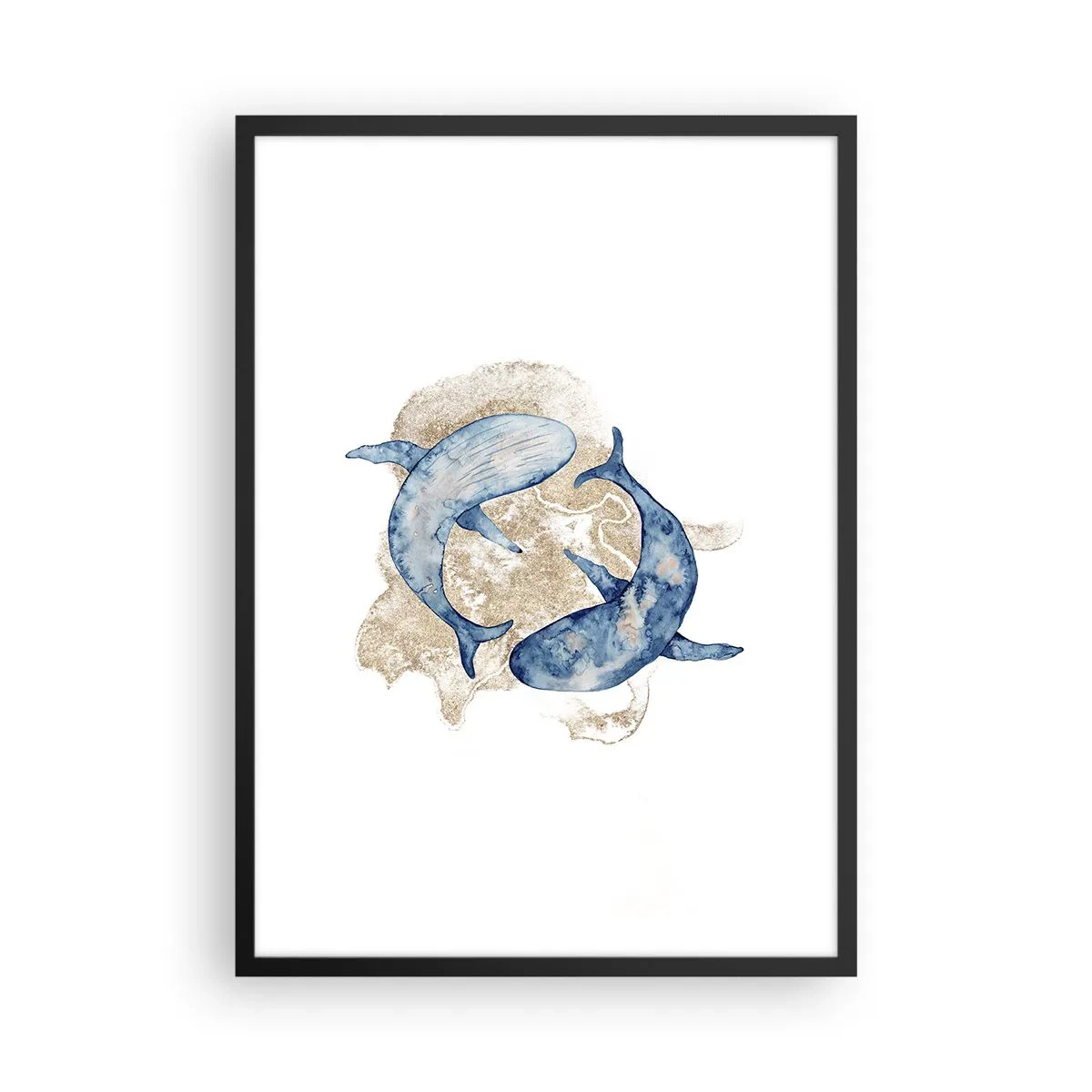 Poszter fehér keretben - Két barázdás bálna absztrakt festménye - 50x70cm - Barátság vagy szerelem? - Modern fali dekoráció nappalihoz és hálószobához ARTTOR