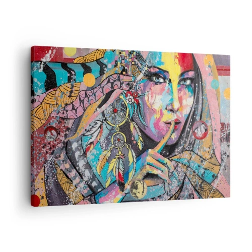 Vászonkép - Színes női arc művészi stílusban - 70x50cm - Maradj csendben, amíg meg nem érted - Modern fali dekoráció nappalihoz és hálószobához ARTTOR