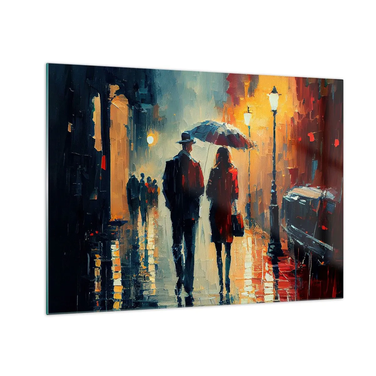 Üveg kép - Egy esernyős pár sétál egy nedves utcán éjszaka. - 70x50cm - Városi love strory - Modern fali dekoráció nappalihoz és hálószobához ARTTOR