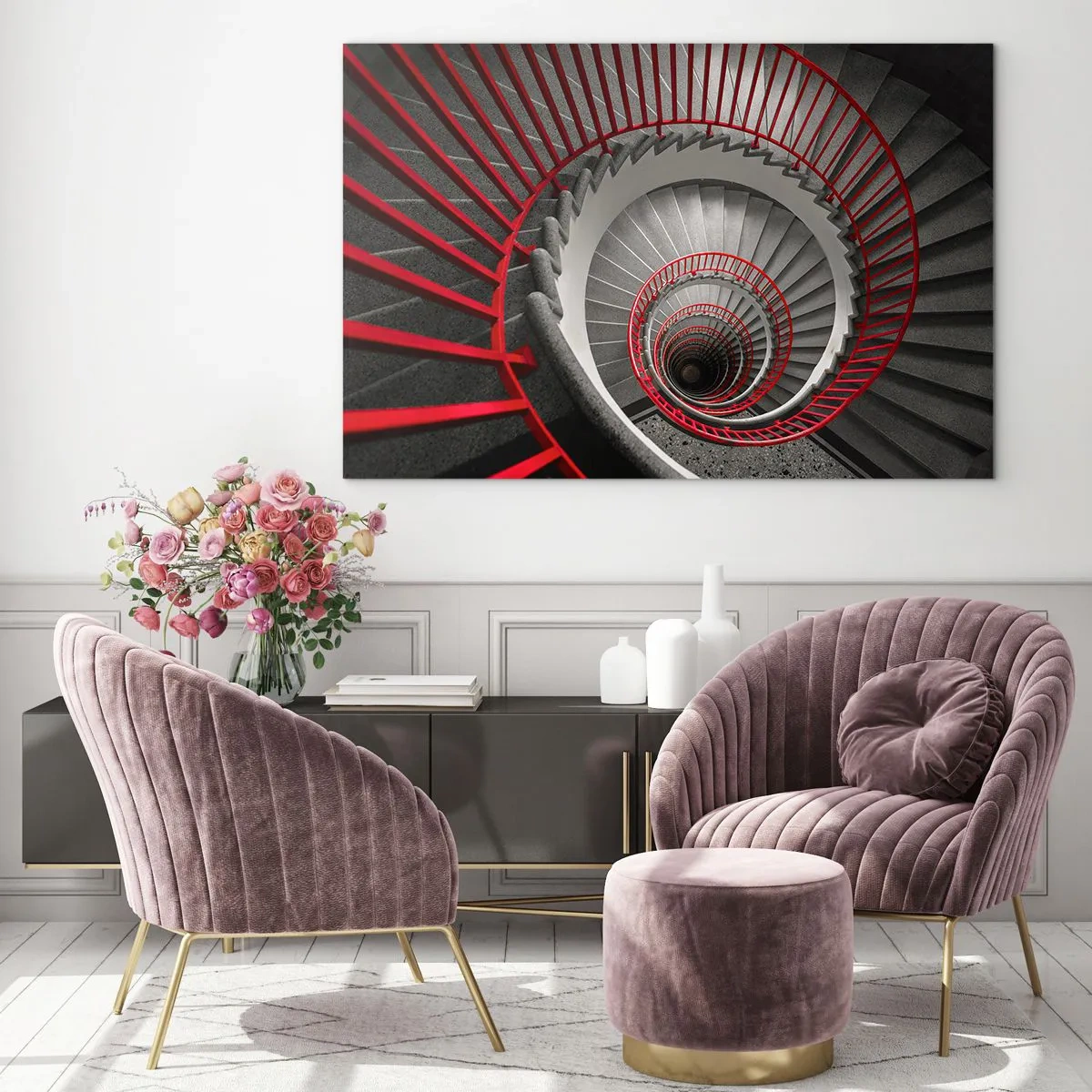 Üveg kép - Csigalépcső piros korláttal a perspektívában - 70x50cm - Építészeti játékok - Modern fali dekoráció nappalihoz és hálószobához ARTTOR
