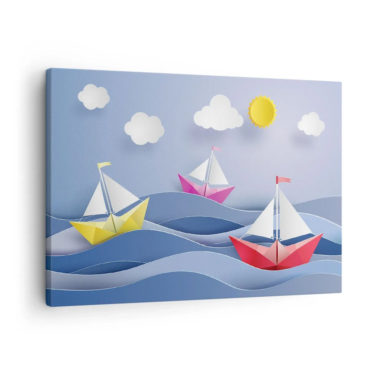 Vászonkép - Színes vitorlások a hullámokon egy napsütéses napon - 70x50cm - Ó, milyen jó hintázni a hullámokban - Modern fali dekoráció nappalihoz és hálószobához ARTTOR