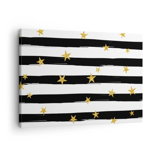 Vászonkép - Fekete-fehér csíkok arany csillagokkal - 70x50cm - Mindannyian szerencsés csillag alatt születtünk - Modern fali dekoráció nappalihoz és hálószobához ARTTOR