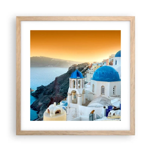 Poszter világos tölgy keretben - Santorini – rásimulva a sziklákra - 40x40 cm