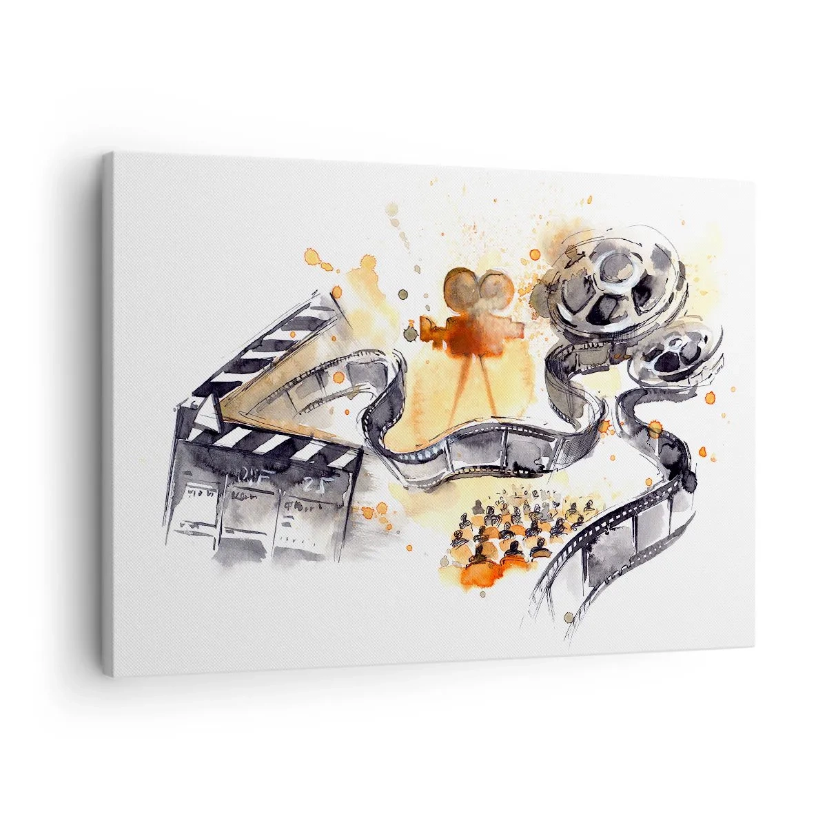 Vászonkép - A mozi szimbolikája egy művészi akvarellben rajzolt filmszalaggal - 70x50cm - Az álmok földjén - Modern fali dekoráció nappalihoz és hálószobához ARTTOR