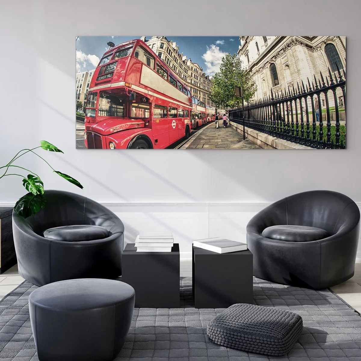 Üveg kép - Londoni utca szürke és piros színben - 90x30 cm
