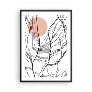 Poszter fehér keretben - Minimalista vonalrajz rózsaszín körrel a háttérben - 50x70cm - Gallyak hálójában - Modern fali dekoráció nappalihoz és hálószobához ARTTOR