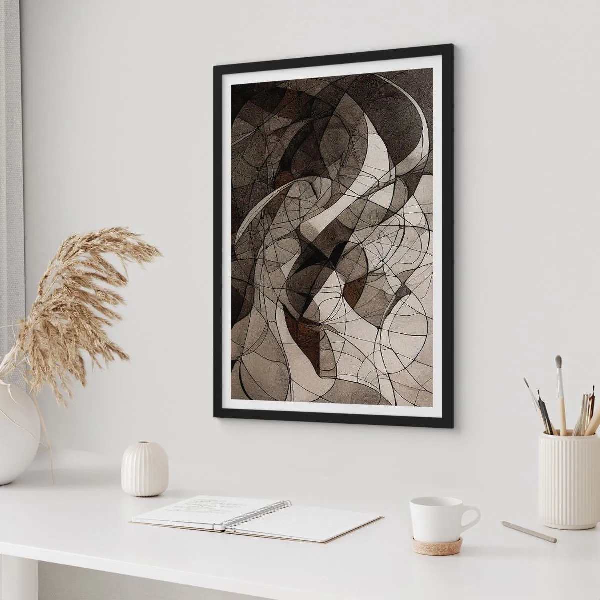 Poszter fehér keretben - Geometriai vonalak és formák absztrakt kompozíciója - 50x70cm - A föld színeinek keringése - Modern fali dekoráció nappalihoz és hálószobához ARTTOR