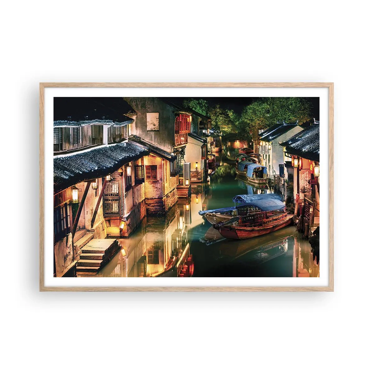 Poszter világos tölgy keretben - Este egy kínai utcán - 100x70 cm