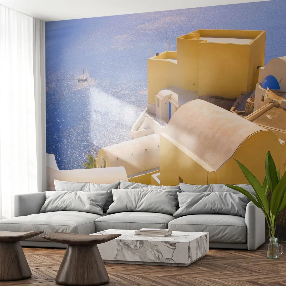 Fotótapéta Premium Sand - Görög táj fehér és kék színben - Tájkép, Santorini, Görögország - 100x70 cm