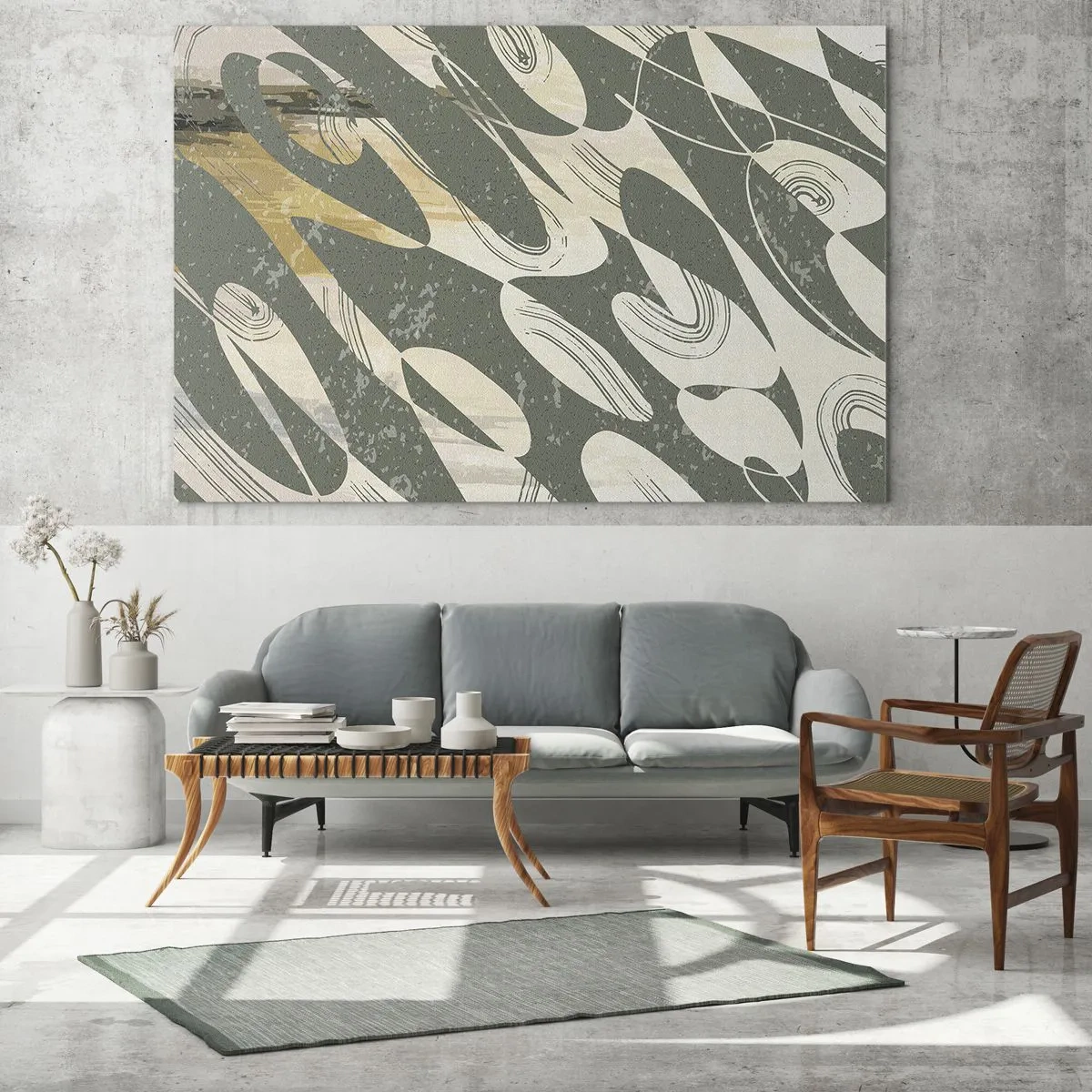 Üveg kép - Zöld és bézs kompozíció dinamikus, organikus formákkal - 70x50cm - Ritmikus absztrakció - Modern fali dekoráció nappalihoz és hálószobához ARTTOR
