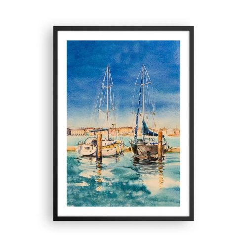 Poszter fehér keretben - Akvarell illusztráció vitorlásokról egy kék lagúna hátterében egy napsütéses napon. - 50x70cm - Napos lagúna - Modern fali dekoráció nappalihoz és hálószobához ARTTOR