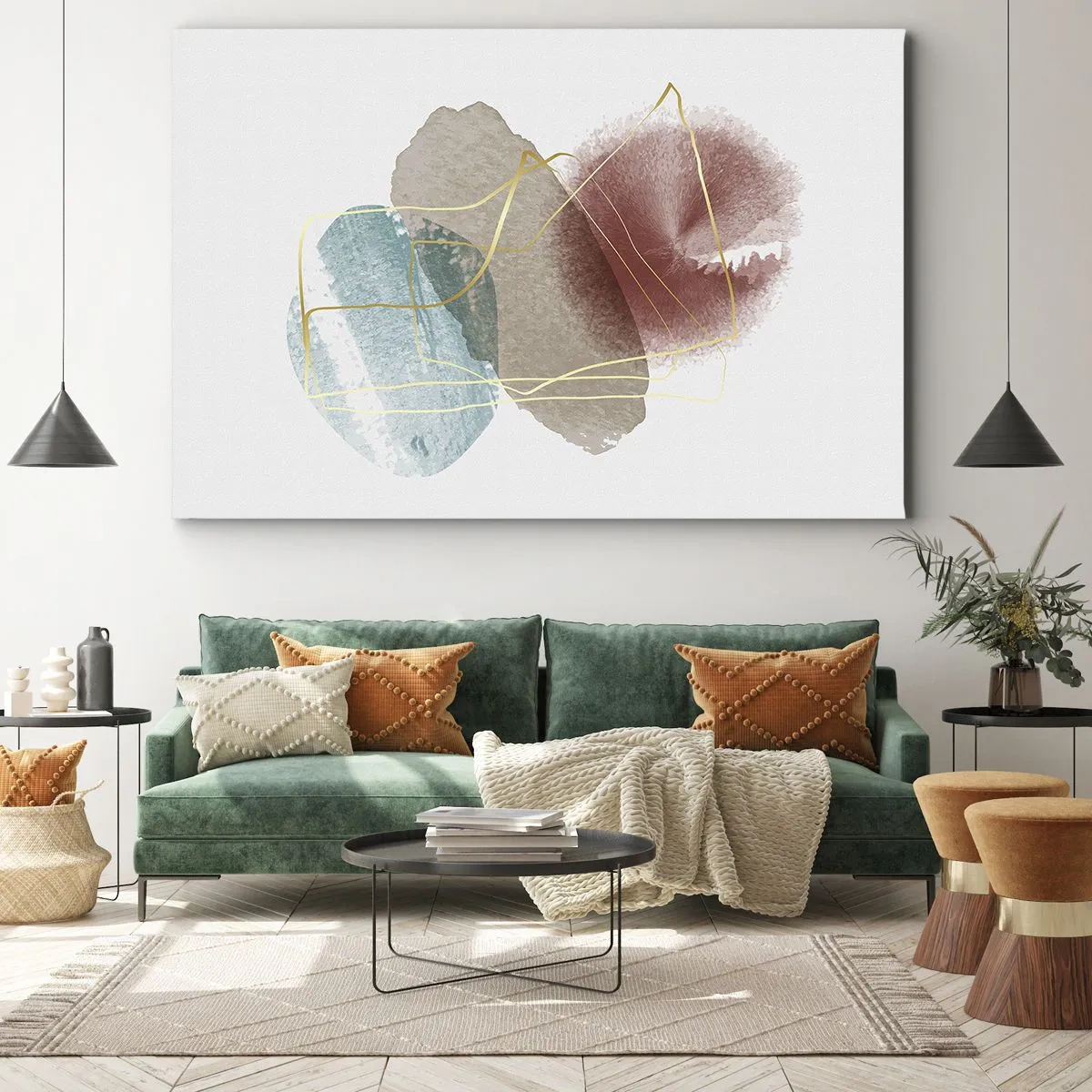 Vászonkép - Absztrakt formák finom színekkel és arany vonalakkal - 70x50cm - Az űr koralljai - Modern fali dekoráció nappalihoz és hálószobához ARTTOR