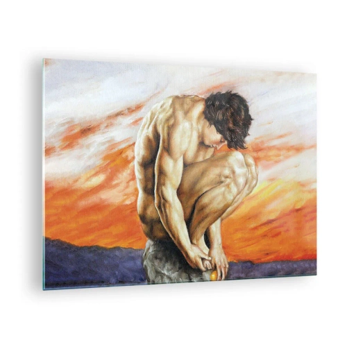 Üveg kép - Egy meztelen emberi test az intenzív narancssárga égbolt előtt. - 70x50cm - Elmerülve önmagában - Modern fali dekoráció nappalihoz és hálószobához ARTTOR