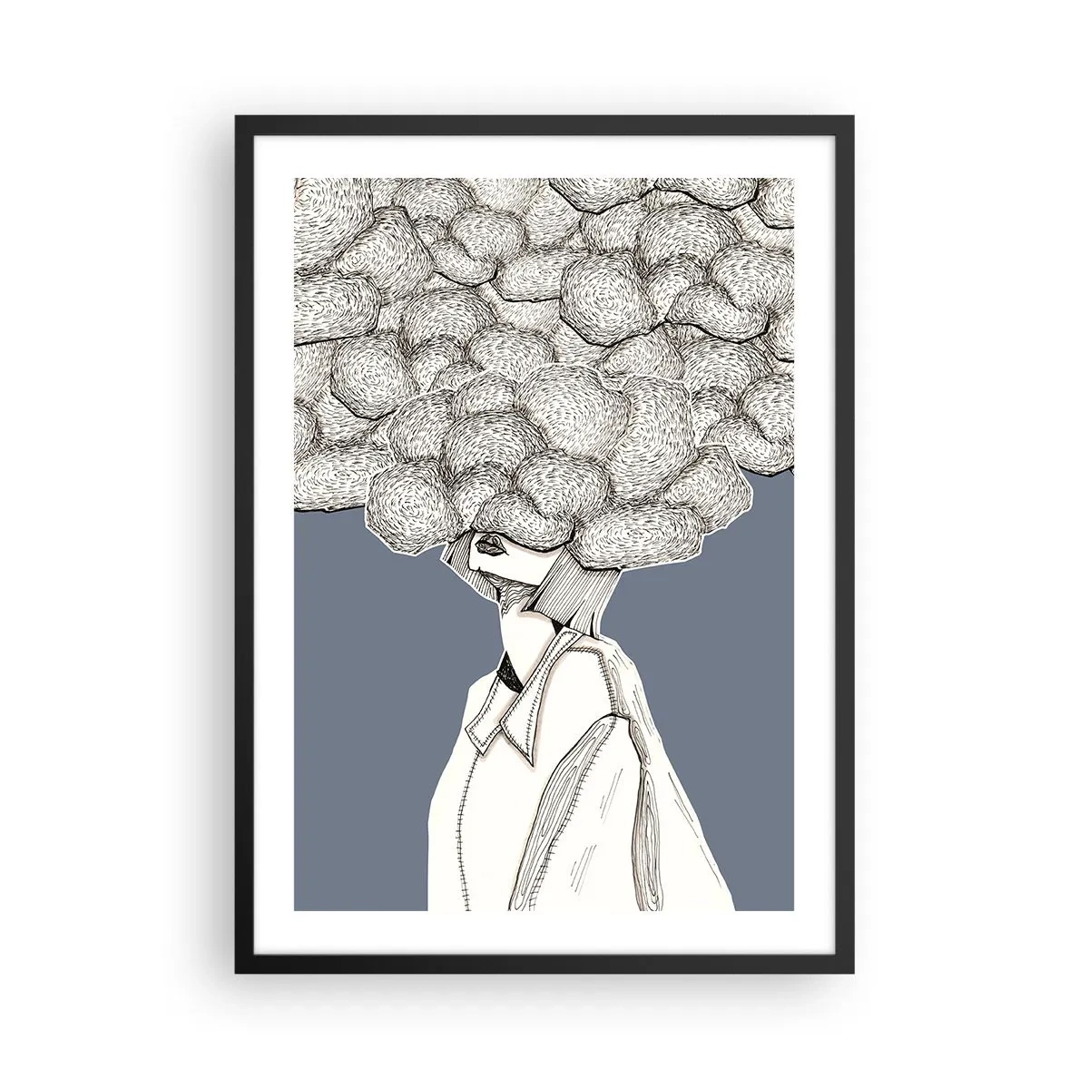 Poszter fehér keretben - Egy alak, fej helyett felhővel, szürke árnyalatokkal stilizálva. - 50x70cm - Fejjel a fellegekben - Modern fali dekoráció nappalihoz és hálószobához ARTTOR