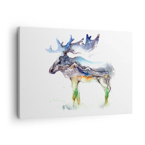 Vászonkép - Akvarell sziluettje egy jávorszarvasról hegyi tájjal - 70x50cm - Egy téli mese hőse - Modern fali dekoráció nappalihoz és hálószobához ARTTOR